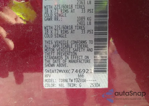 2019 Nissan Rogue Sv z USA, uszkodzony, nr VIN 5N1AT2MVXKC746921